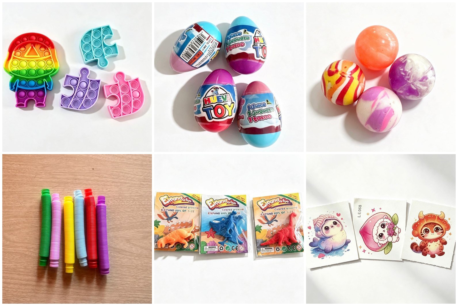Juguetes surtidos de Fiestoys: Pop It, huevitos sorpresa, pelotas, tubos flexibles, dinosaurios y calcomanías